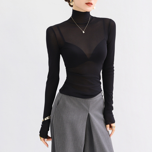 可外穿轻熟绝美上衣高级感薄款 高领黑色蕾丝网纱打底衫 女内搭新款