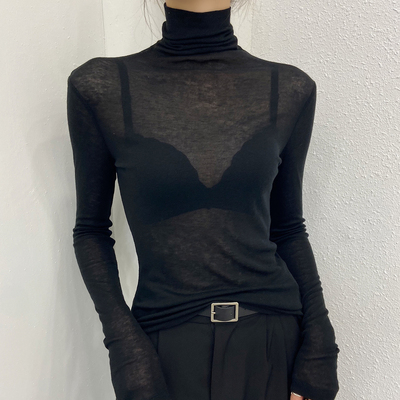 高领蕾丝打底衫黑色长袖内搭修身