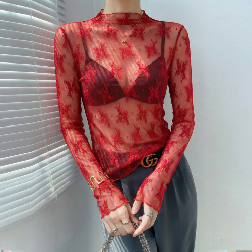 红色蕾丝网纱上衣女薄款春装