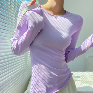 紫色圆领超好看长袖t恤女修身初春漂亮上衣2025新款欧货打底衫薄