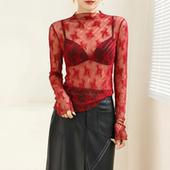 t恤 超火半高领内搭绝美透视网纱上衣长袖 红色蕾丝打底衫 2026新款