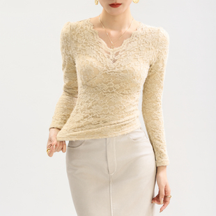 杏色v领蕾丝加绒打底衫女内搭2025新款巨好看花边修身上衣高级感