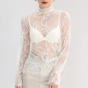半高领蕾丝花边内搭打底衫女宽松白色透视网纱超好看上衣高级感薄