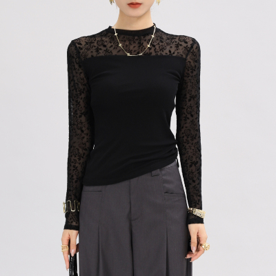 蕾丝打底衫女内搭黑色植绒网纱