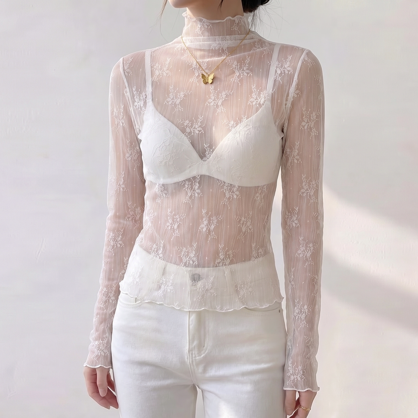 白色高领蕾丝打底衫女内搭薄款图片