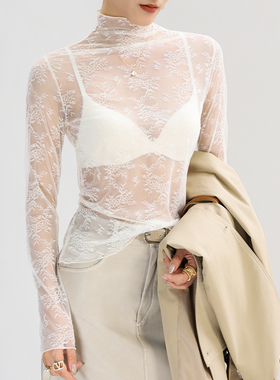 高领白色镂空蕾丝内搭打底衫女高端高级感洋气透明叠穿薄网纱上衣