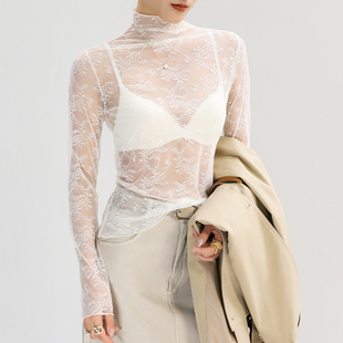 高领白色镂空蕾丝内搭打底衫女高端高级感洋气透明叠穿薄网纱上衣