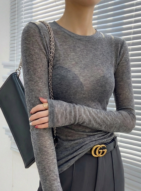 灰色打底衫高级感时尚洋气高端爆款超好看修身微透内搭上衣可外穿