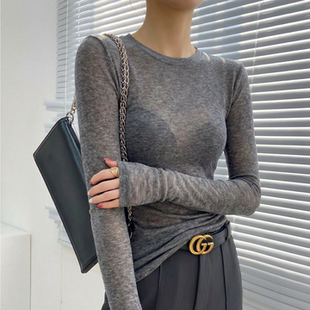 超好看修身 洋气高端爆款 微透内搭上衣可外穿 高级感时尚 灰色打底衫