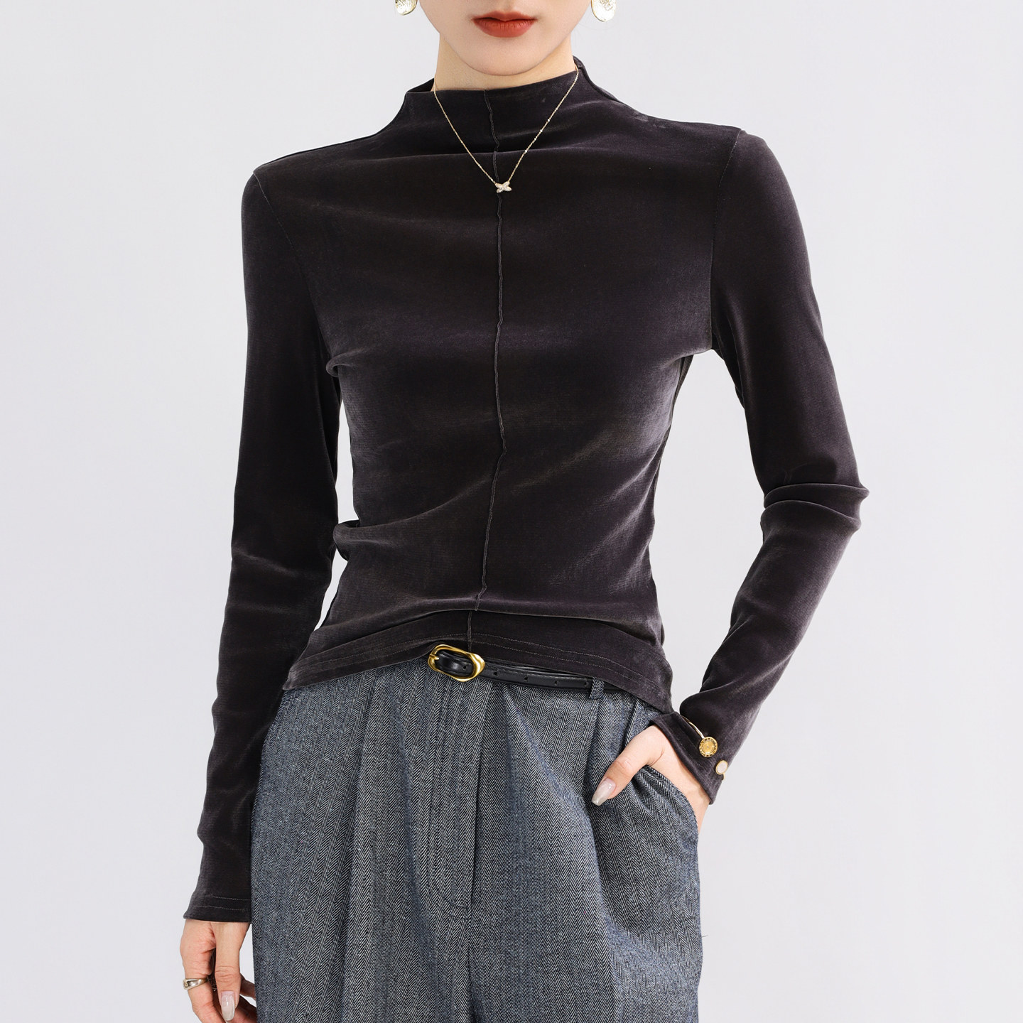 金丝绒半高领打底衫女内搭长袖