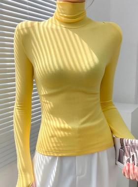 垫肩高领打底衫2025新款女秋冬贴身黄色内搭高级感堆堆领显瘦上衣