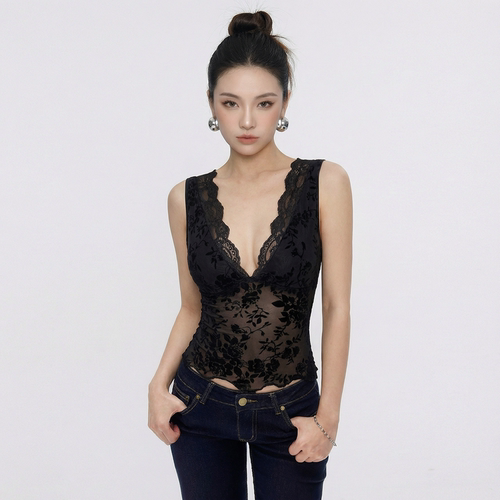 深v蕾丝花边背心女西装内搭上衣