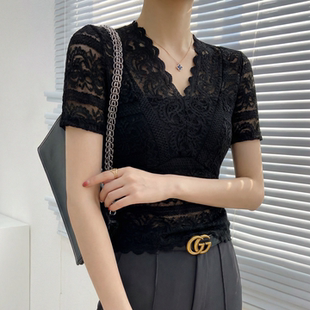 黑色v领独特漂亮 上衣女夏新款 高质量薄款 轻奢高级感蕾丝t恤 短袖