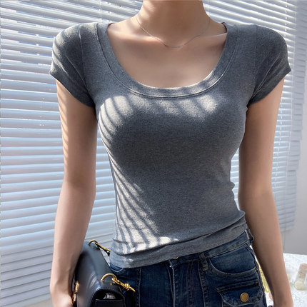 超好看短袖t恤女2024新款爆款夏季正肩修身上衣低领内搭打底衫春