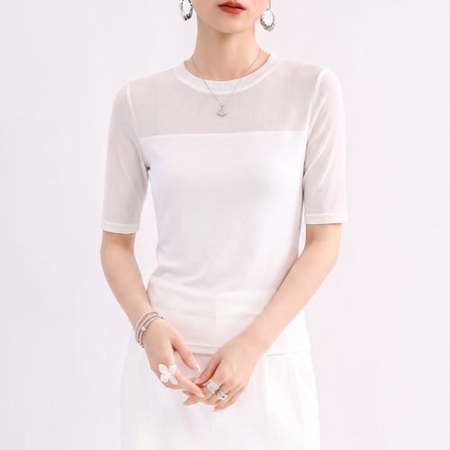 白色网纱上衣圆领微透中袖t恤女