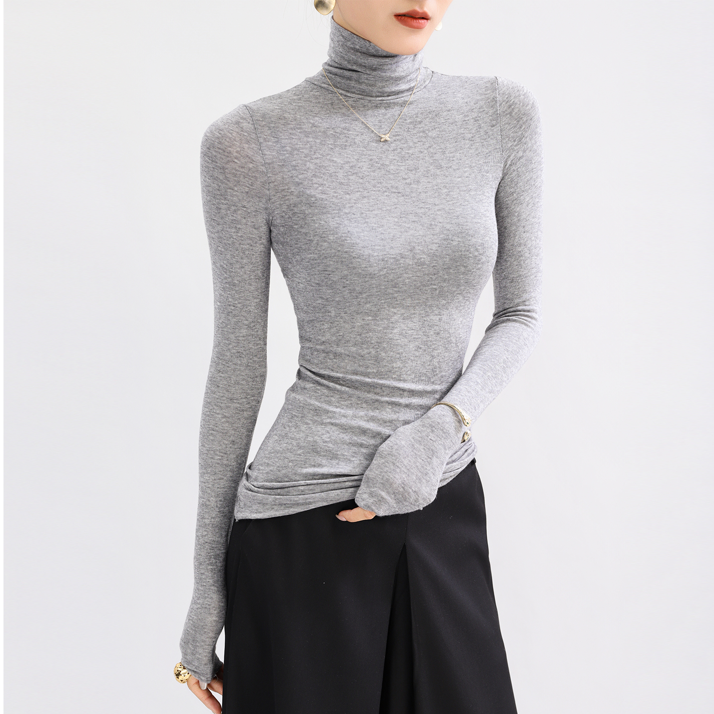 高领灰色打底衫女秋冬长袖堆堆领
