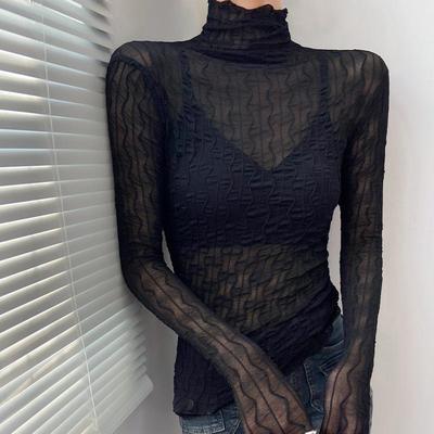 黑色蕾丝打底衫女2024新款秋薄款