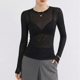 圆领薄款 高档内搭可外穿修身 微透上衣高级感 女正品 黑色品牌打底衫