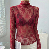 蕾丝上衣 修身 高领红色打底衫 女高级感秋冬本命年独特漂亮内搭长袖