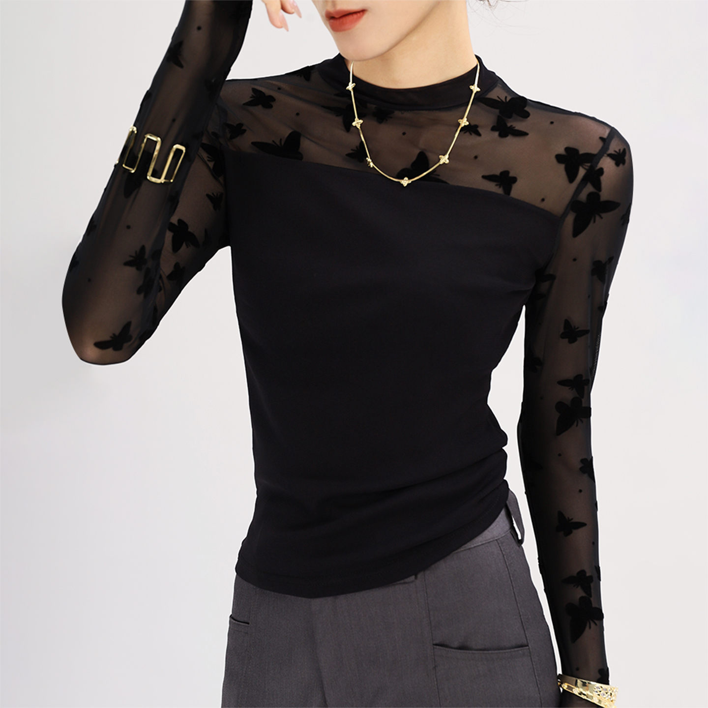 蕾丝打底衫女内搭黑色圆领网纱