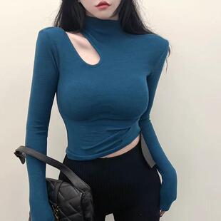 纯欲性感内搭上衣 露肩破洞不规则长袖 蓝色半高领打底衫 女秋冬新款