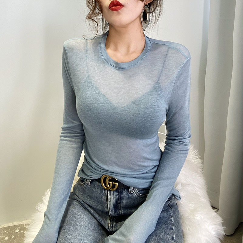 冰丝网红打底衫女春秋2021薄款内搭t恤微透性感修身长袖透视上衣
