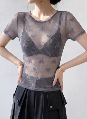 灰色蕾丝短袖打底衫2026新款女