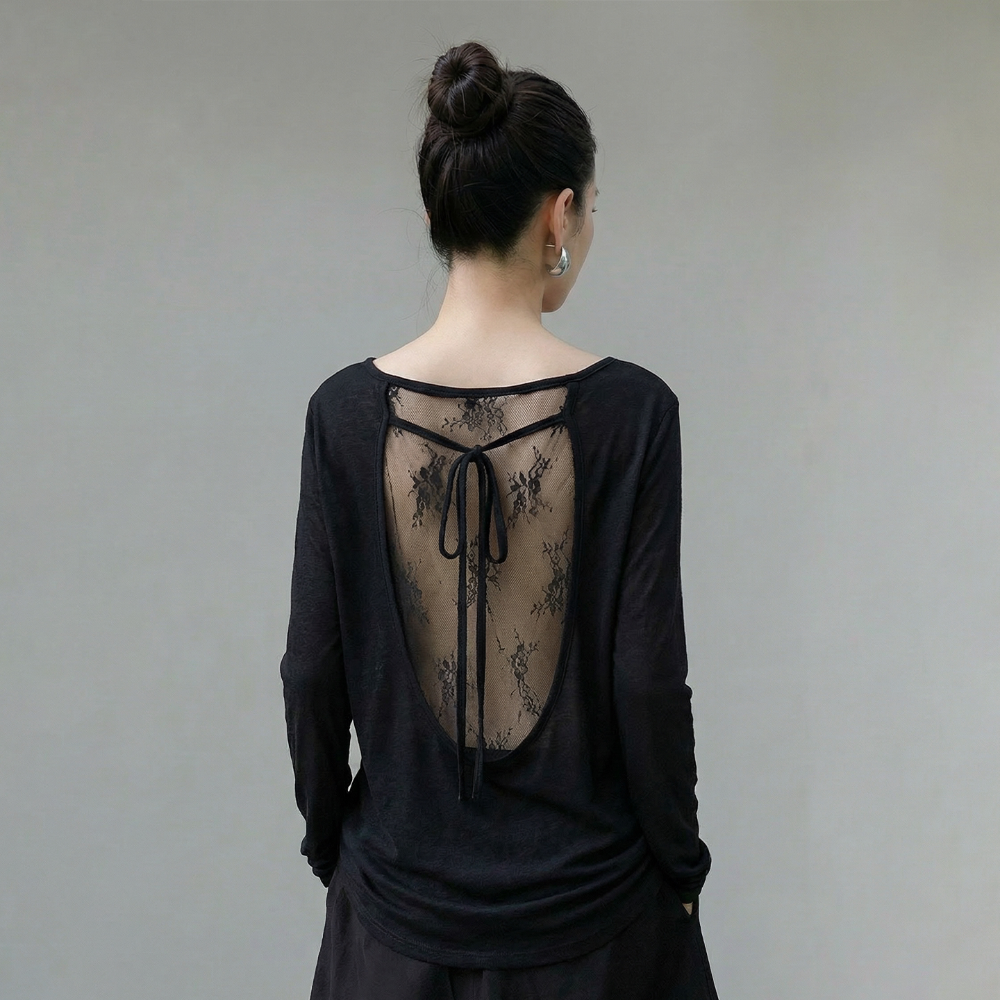 黑色u领蕾丝露背上衣女夏小心机图片