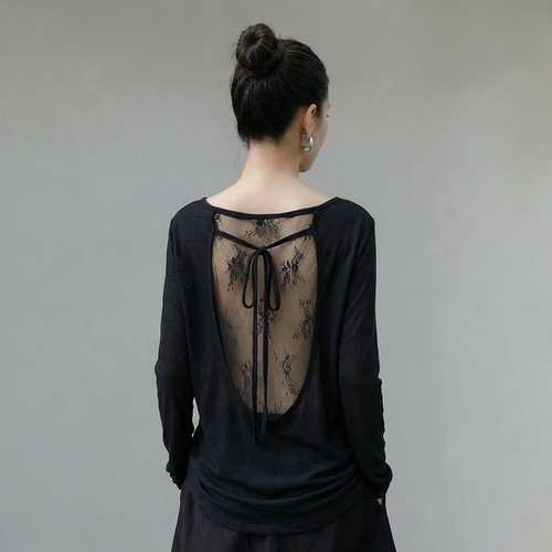 黑色u领蕾丝露背上衣女夏小心机