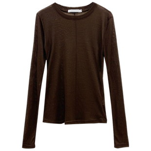 咖色圆领打底衫女2025新款网纱内搭长袖薄纱透视t恤薄上衣高级感