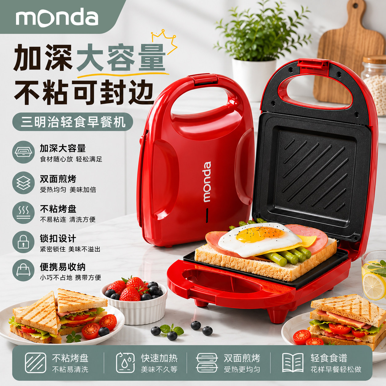 monda三明治早餐机家用加厚小型多功能吐司机全自动烤面包轻食机