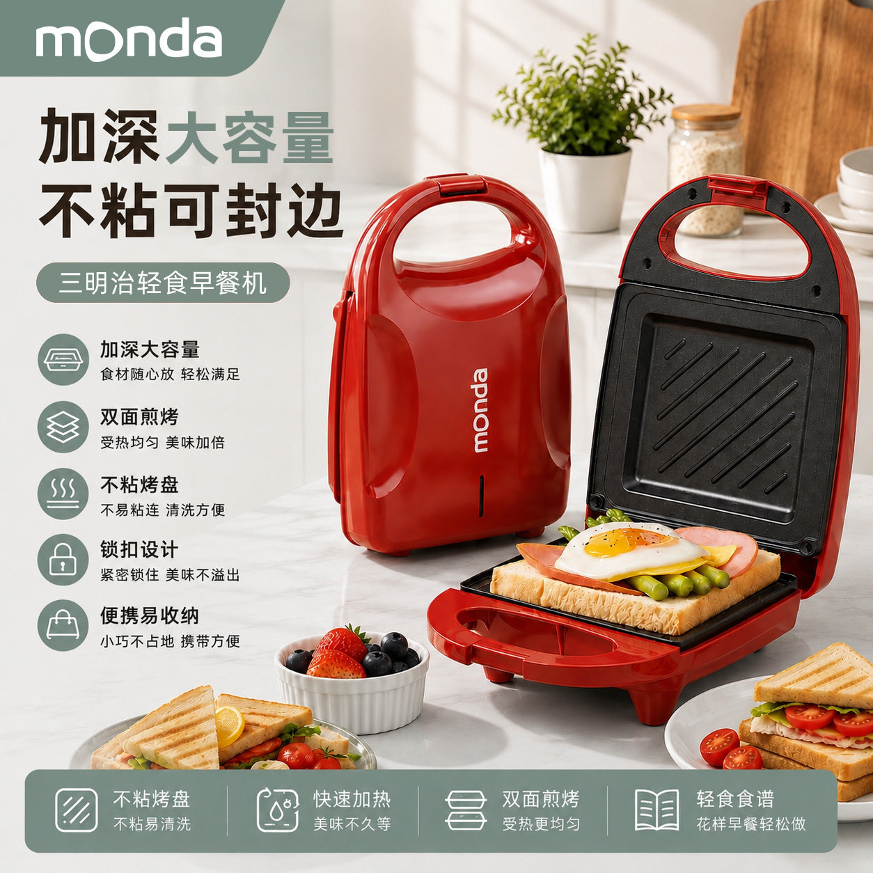 monda三明治早餐机家用加厚小型多功能吐司机全自动烤面包轻食机