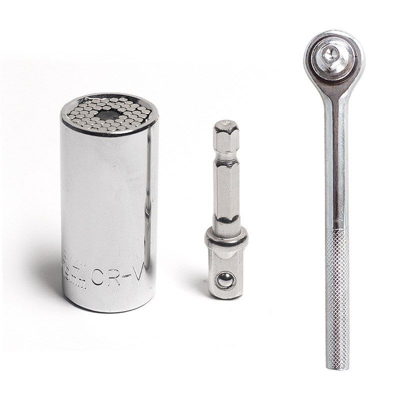 3pcs银色套筒7-19MM 3/8接杆扳手套装组V合棘轮套筒扳手