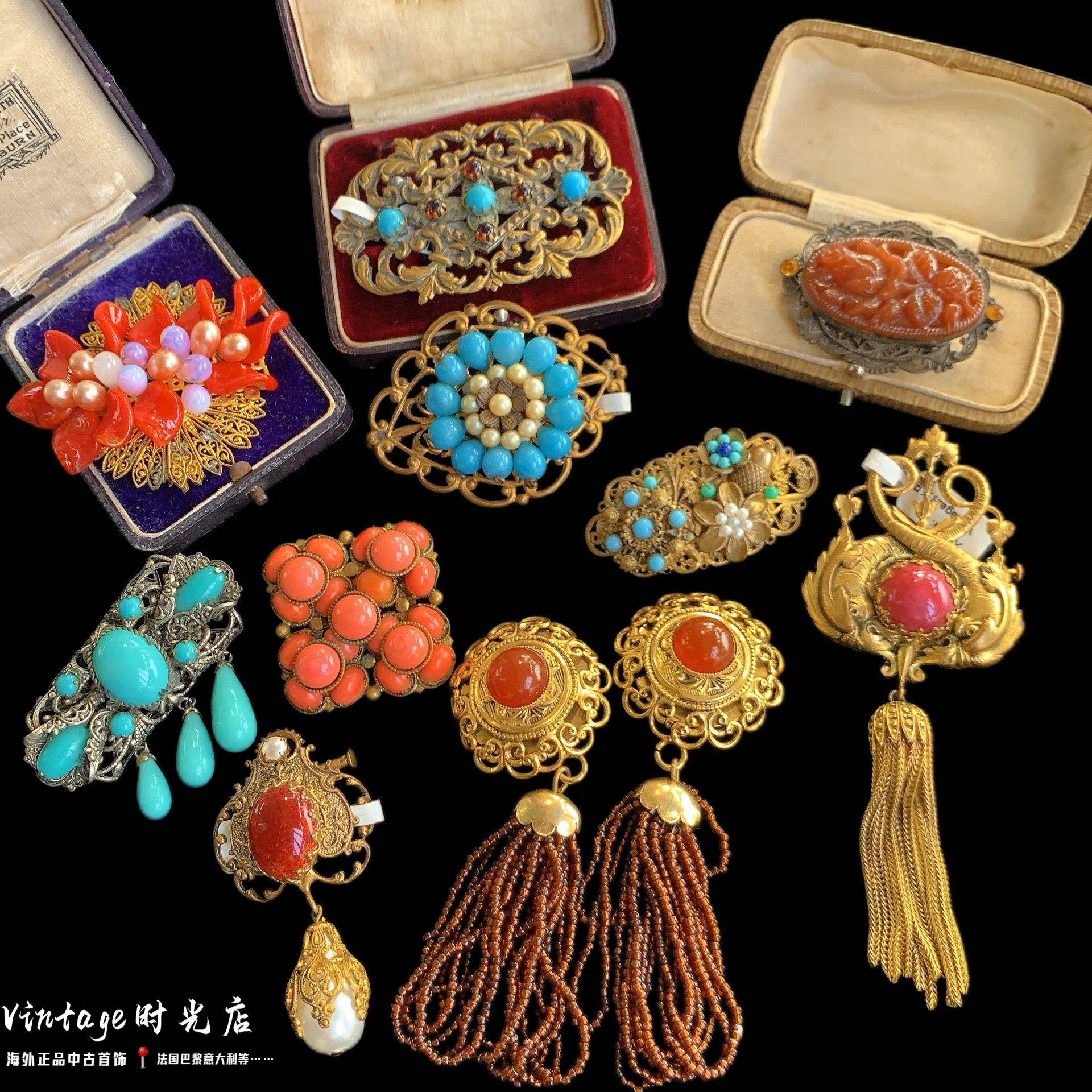 法国vintage宫廷风古董胸针琉璃孤品秋冬百搭老式水晶胸花耳环