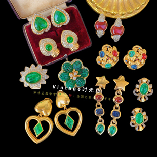 法国孤品系彩色琉璃项链耳夹琉璃中古云纹琉璃耳饰耳环胸针