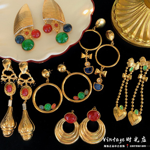 中古耳环80年代琉璃彩色Vintage 意大利VO打标云纹琉璃流苏耳夹