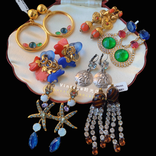 Vintage法国80s古董耳针云纹琉璃耳饰意天使浮雕耳针日常百搭