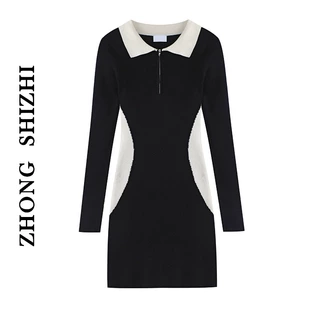 辣妹修身 显瘦收腰撞色包臀短裙 柊司芷POLO领黑色针织连衣裙女春季