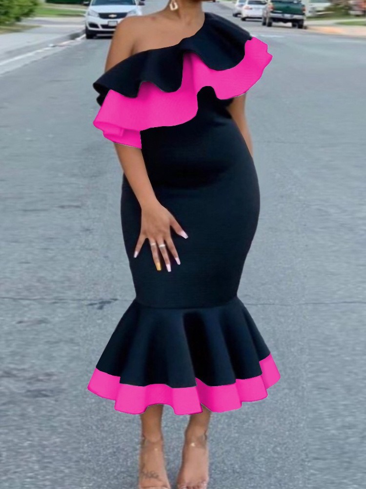 欧美大码单肩露背荷叶边宴会派对鱼尾裙连衣裙女Sexy Party Dress