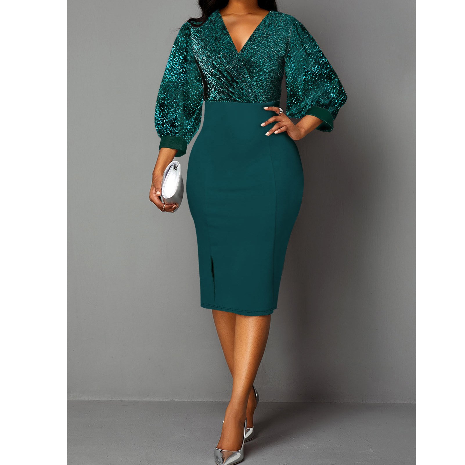 2021欧美大码亮闪闪修身聚会连衣裙 Plus Size Party Dress Women图片