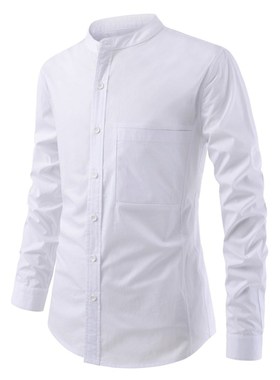 外贸速卖通wish男衬衣红色 男士立领口袋修身长袖衬衫Men's s