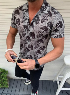 Men Summer Gray Leopard Printed Short Sleeve Casual Shirt