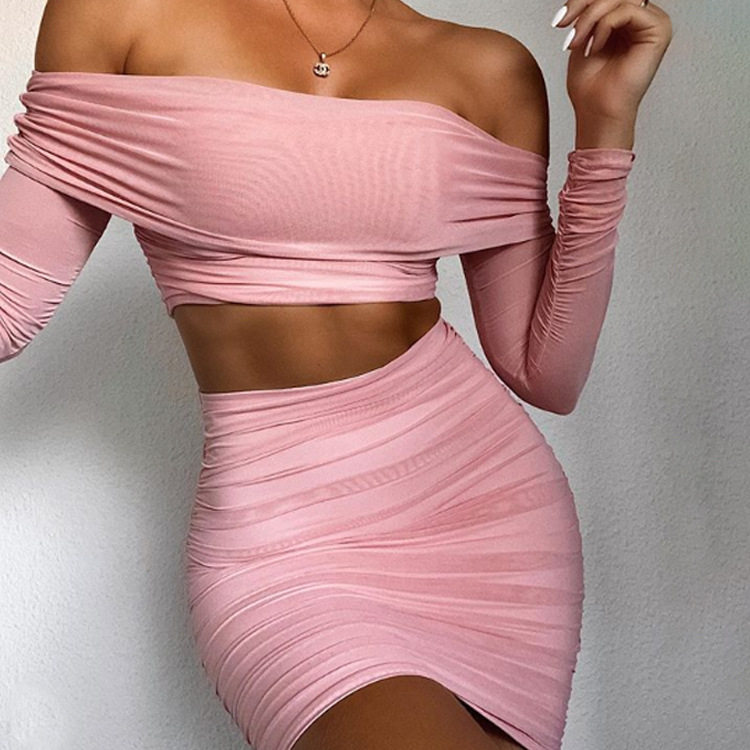 Sexy fashion women's suit性感褶皱一字肩网纱裙子套装街拍女装