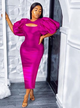 2022夏季欧美大码泡泡袖派对礼服长裙PlusSize Party Dress Women