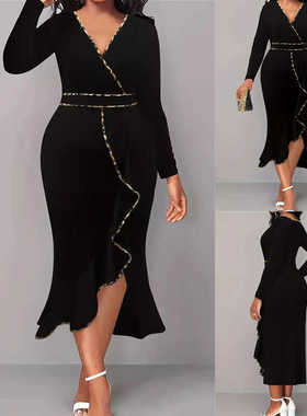 Plus size women V-neck long sleeved irregularity black dress