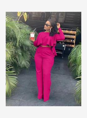 Autumn Women Pleated Solid Color Wide Leg TwoPiece Set Sport