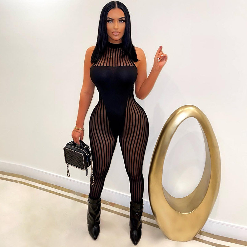 欧美无袖条纹透视高腰连体裤Striped Sheer High Waist Jumpsuit