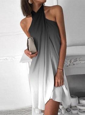 Neckline gradient dress women 时尚深灰色挂脖渐变连衣裙宽松裙