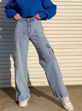 Pockets Patchwork High Waist Jeans Women Streetwear Straight