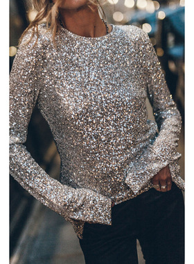 Party glitter nightclub top 派对亮片长袖圆领衬衫夜店个性上衣